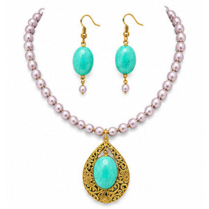 Turquoise Pendant & Pearl Bead Necklace Set