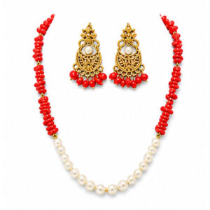 Red Coral Bead Necklace & Earrings Set