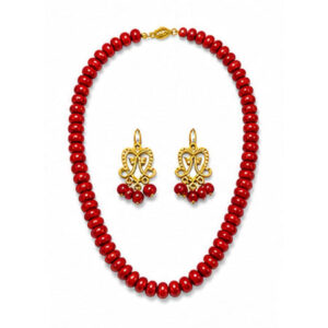 Deep Red Beaded Necklace Set with Gold Earrings