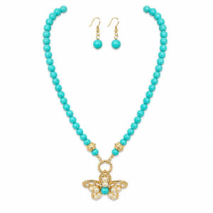 Turquoise Bead Necklace & Earring Set with Gold Pendant