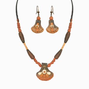 Clay Jewelry: Earth-Tone Floral Pendant Necklace & Earring Set