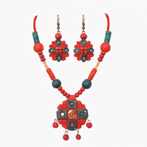 Clay Jewelry: Red & Teal Statement Necklace & Earring Set