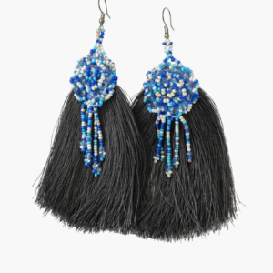 Blue Black Tassel Statement Earrings 3.5″ long