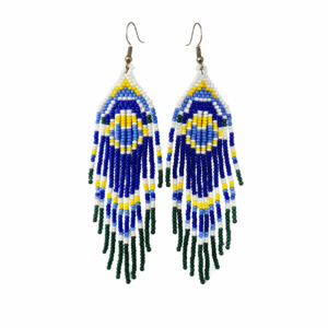 Blue & Yellow Huichol Beaded Earrings 4" long